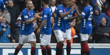 Rangers celebrate Scott Arfield's goal in the 3-1 win over Hearts at Ibrox