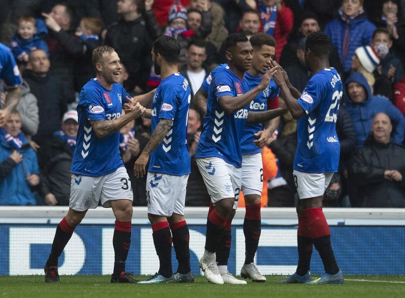 Rangers celebrate Scott Arfield's goal in the 3-1 win over Hearts at Ibrox