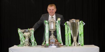 Neil Lennon with Celtic's three trophies